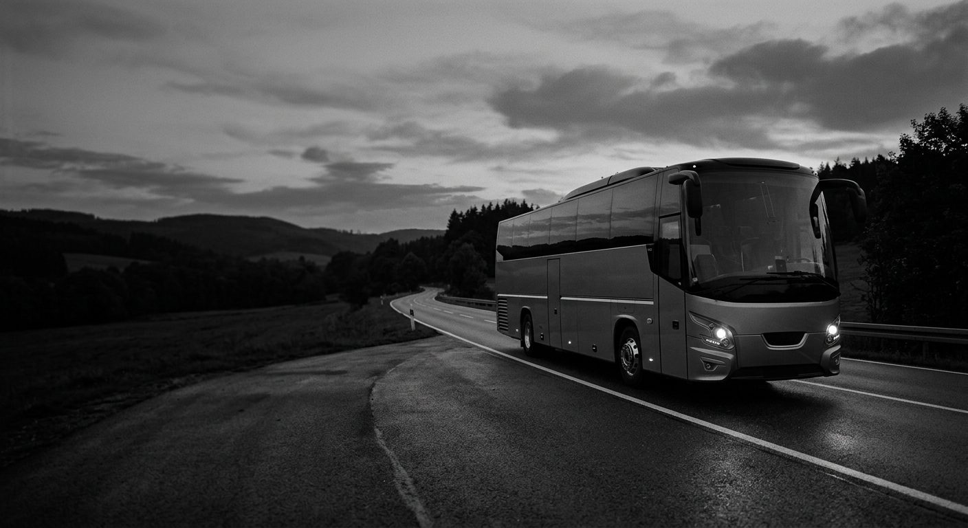 Bus on a simulator road at dusk